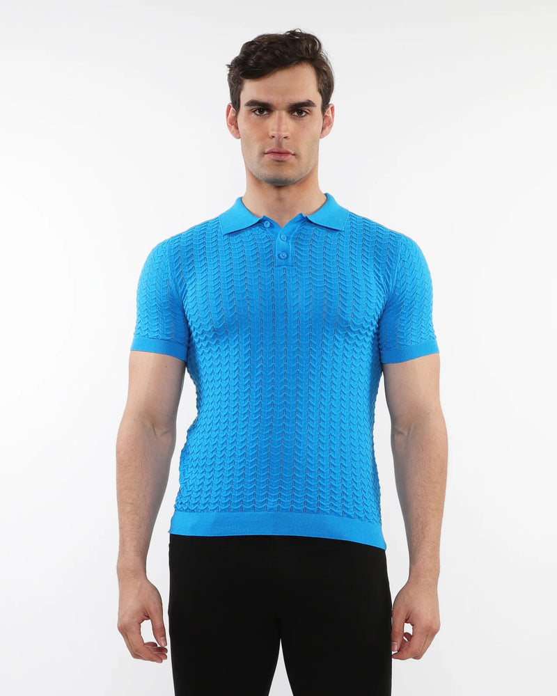 Chevron Textured Knitted Polo (Azure)