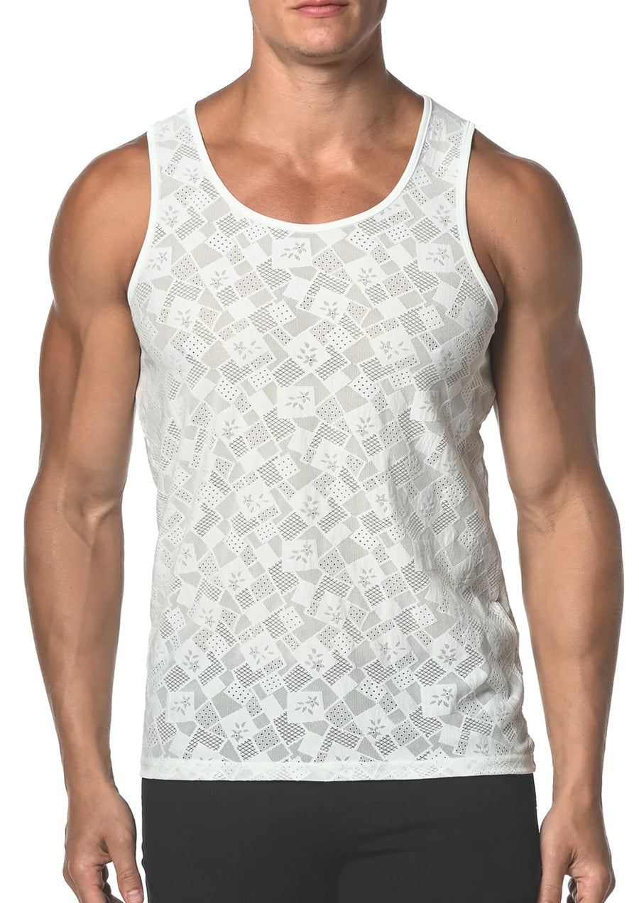 Stretch Gossamer Lace Tank Top (White Squares)