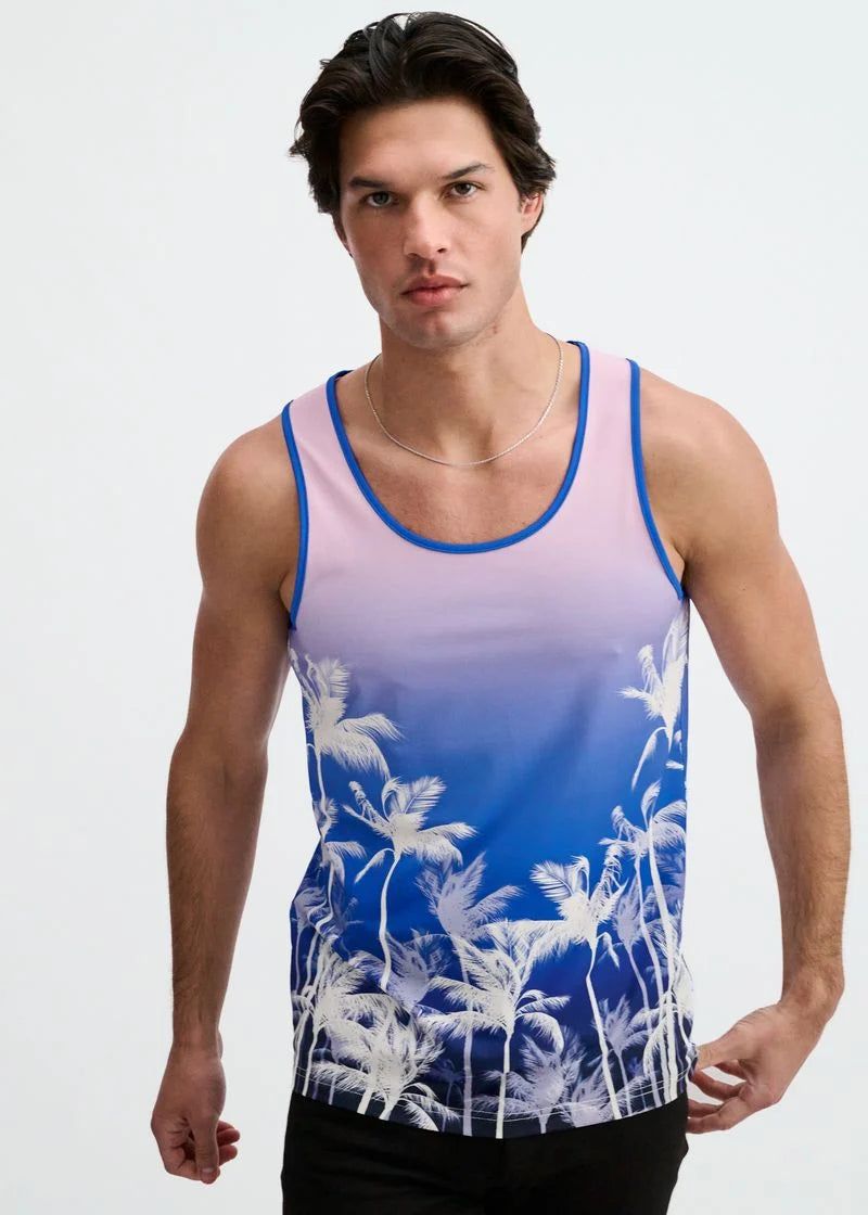Printed Mesh Knit Tank (Purple/Pink Palms)