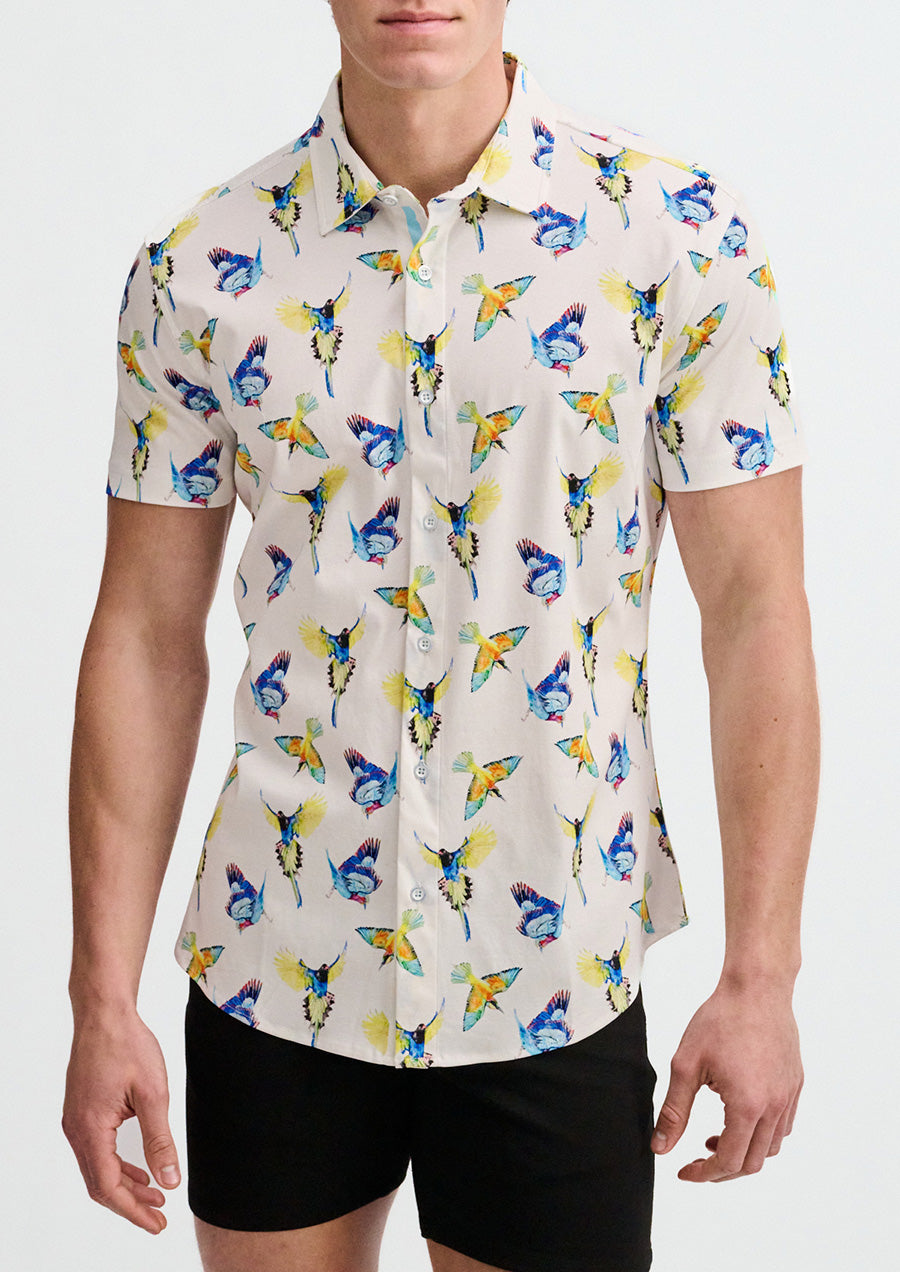 Print Cotton Knit Shirt (Blue/Yellow Birds)
