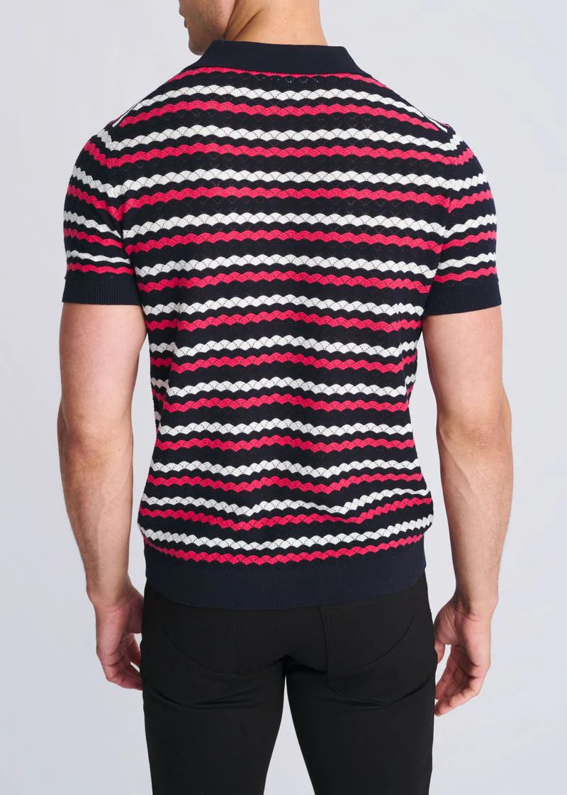 Textured 3-Button Knit Polo (Bubblegum/Navy)