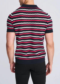 Textured 3-Button Knit Polo (Bubblegum/Navy)