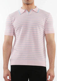 Silk/Tencel Stripes Knitted Polo (Pink Smoke)