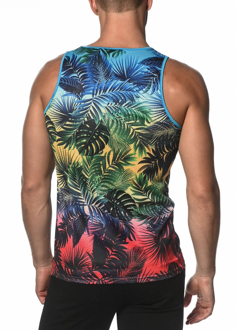 Printed Mesh Tank Top (Rainbow Palms)