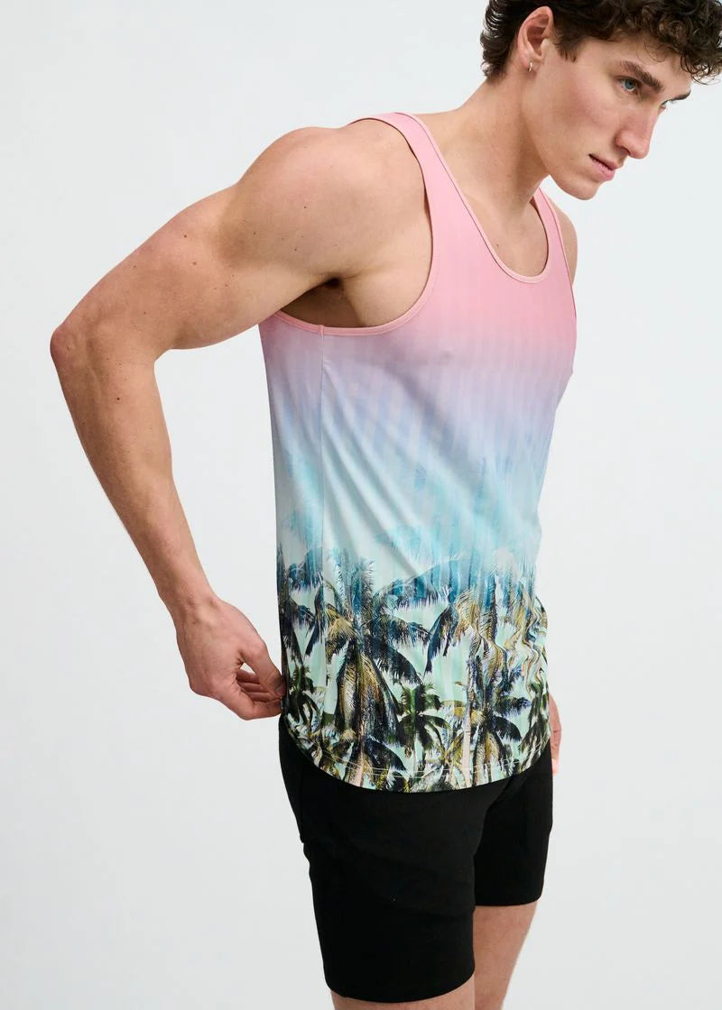 Printed Mesh Knit Tank (Blush/Aqua Palms)