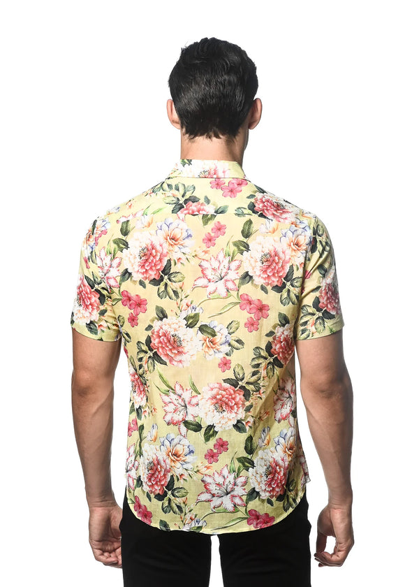 Tencel/Linen Woven Shirt (Yellow Pink Blooms)