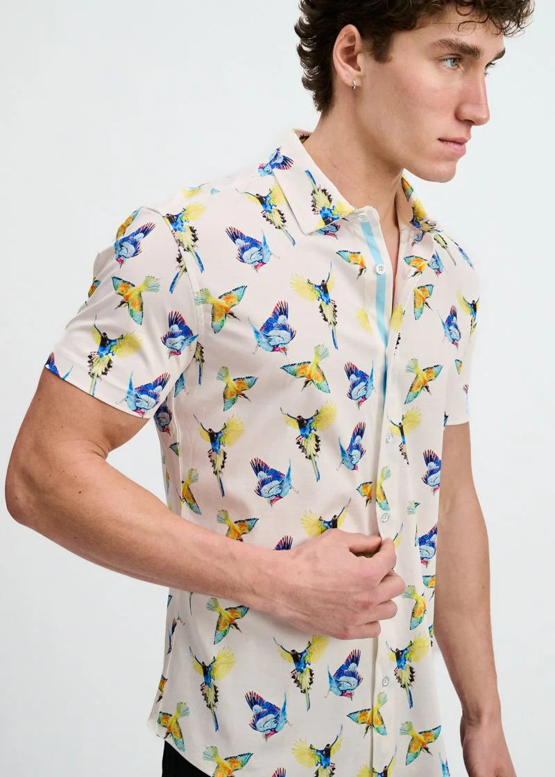 Print Cotton Knit Shirt (Blue/Yellow Birds)
