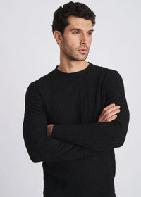 Cable Knit Crew Neck Wool Blend Sweater (Black)
