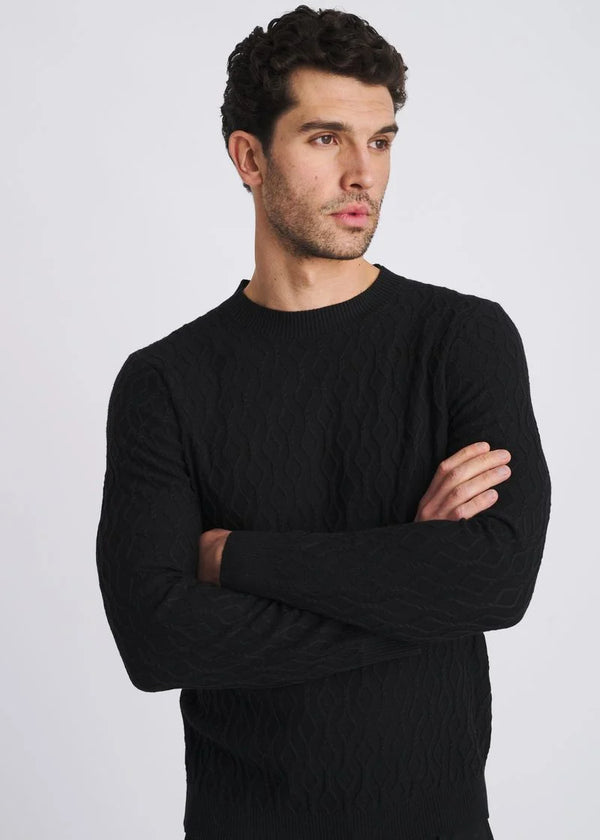 Cable Knit Crew Neck Wool Blend Sweater (Black)