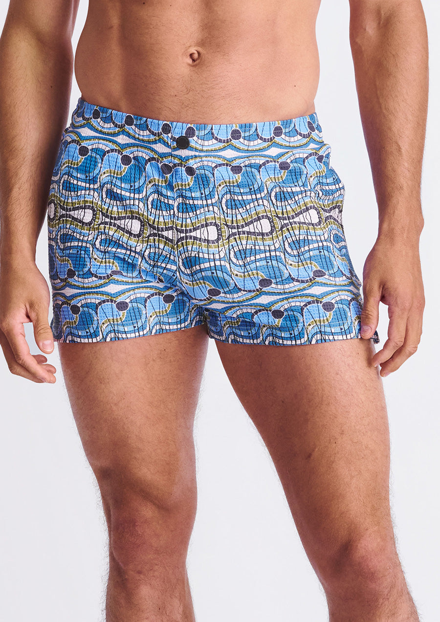 Printed Seersucker Swim Shorts (Cobalt/Olive)