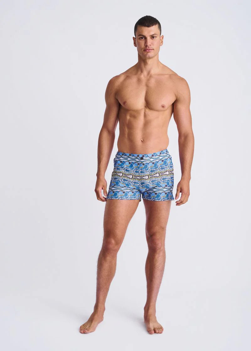 Printed Seersucker Swim Shorts (Cobalt/Olive)
