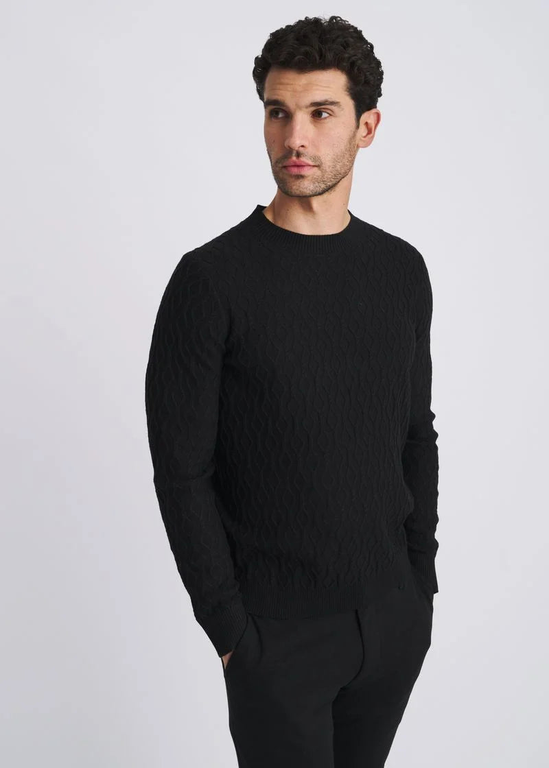 Cable Knit Crew Neck Wool Blend Sweater (Black)