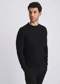 Cable Knit Crew Neck Wool Blend Sweater (Black)