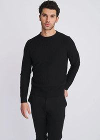 Cable Knit Crew Neck Wool Blend Sweater (Black)