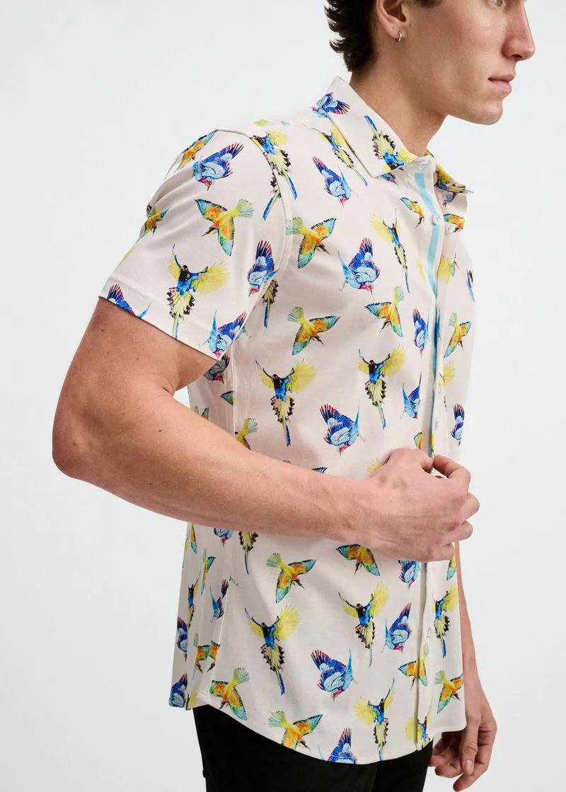 Print Cotton Knit Shirt (Blue/Yellow Birds)