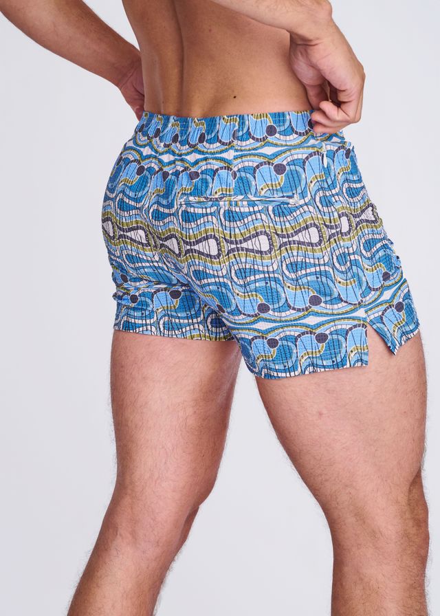 Printed Seersucker Swim Shorts (Cobalt/Olive)