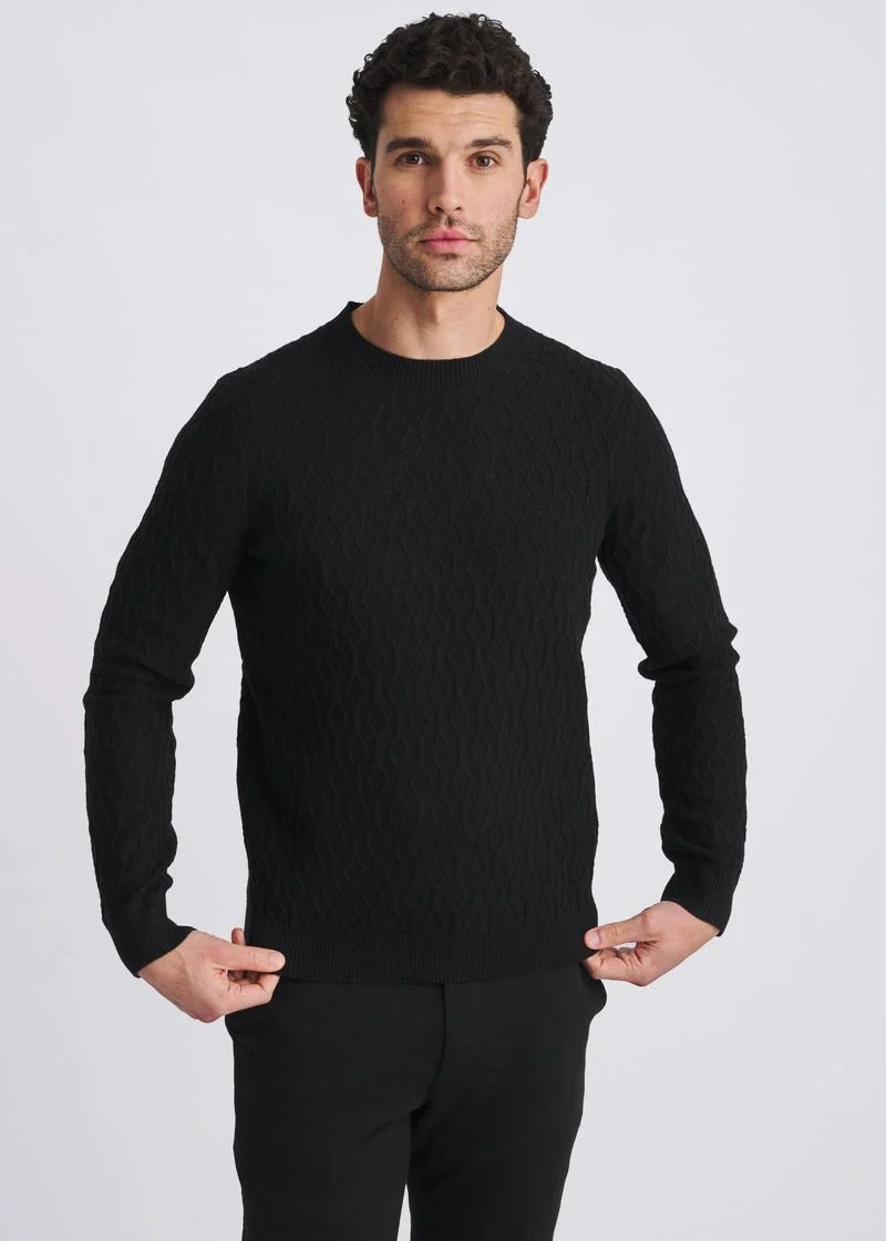 Cable Knit Crew Neck Wool Blend Sweater (Black)