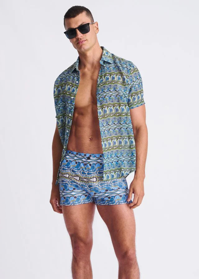 Printed Seersucker Swim Shorts (Cobalt/Olive)