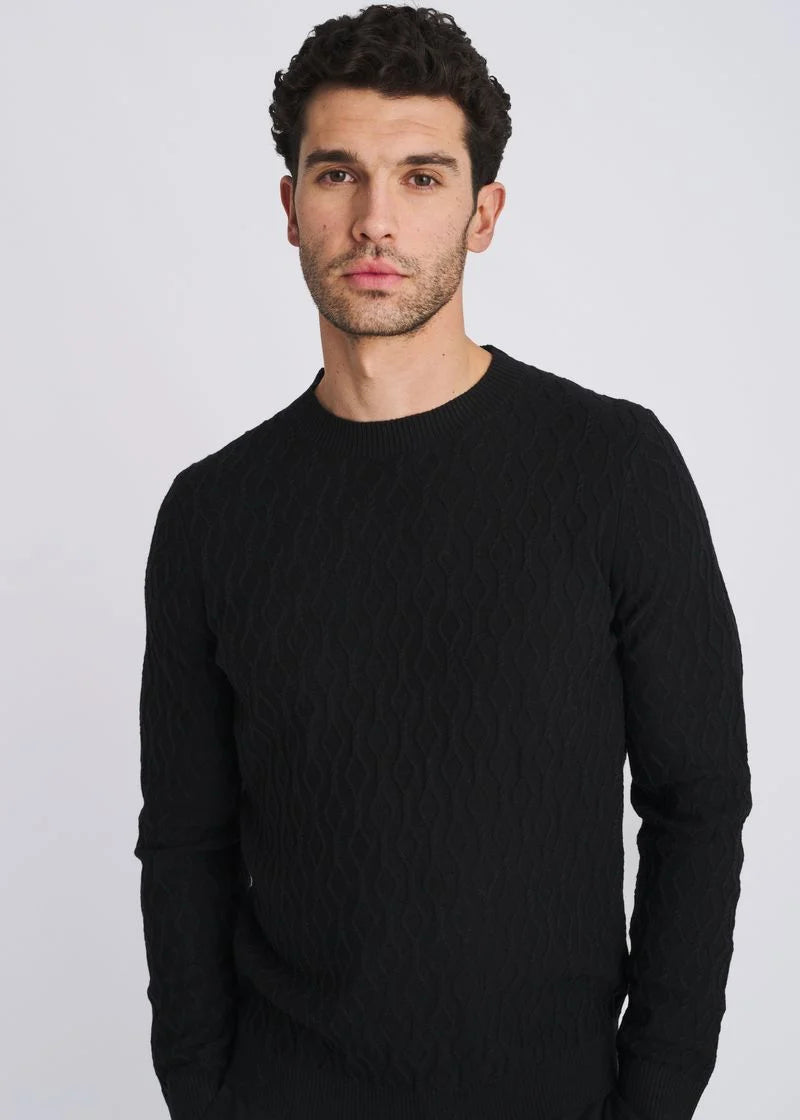 Cable Knit Crew Neck Wool Blend Sweater (Black)