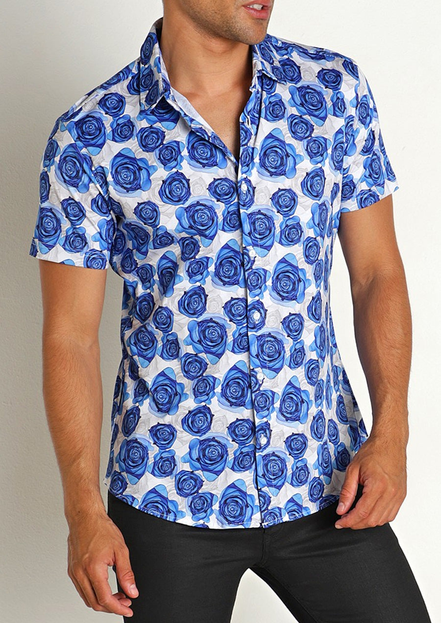 Stretch Jersey Knit Shirt (Blue Ink Roses)