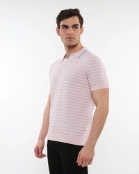 Silk/Tencel Stripes Knitted Polo (Pink Smoke)