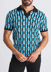 Jacquard 3-Button Knit Polo (Ocean/Black Chain)