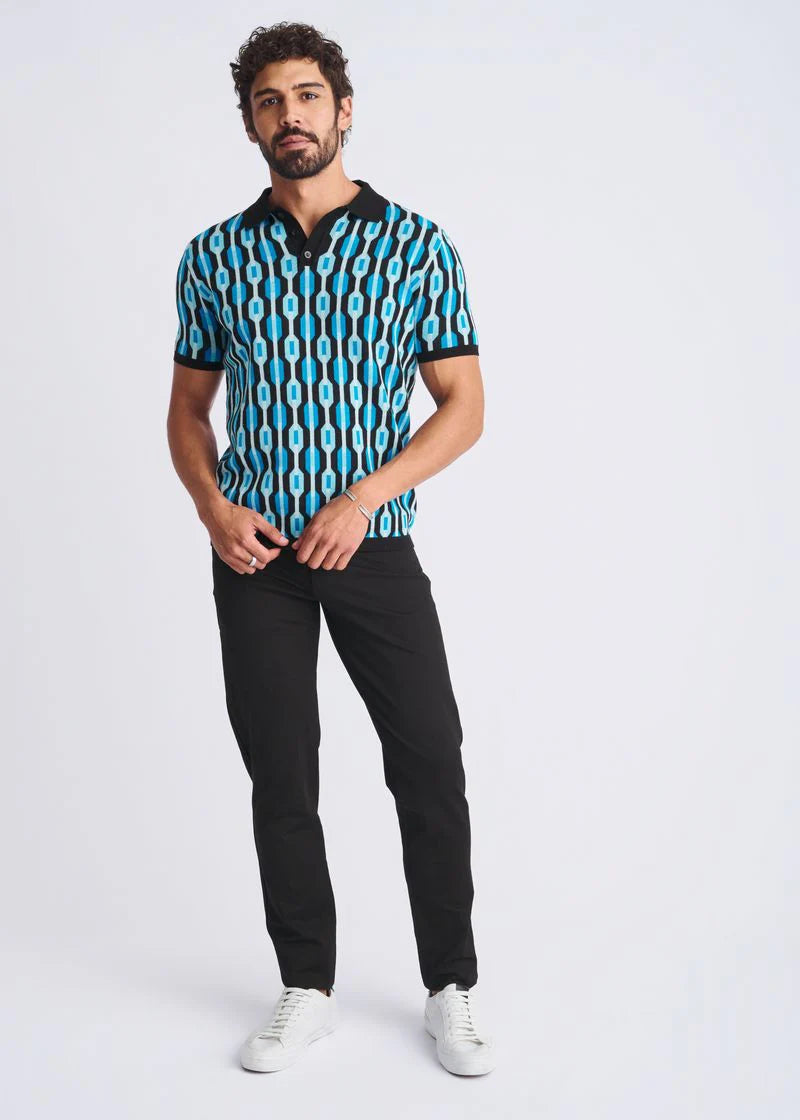 Jacquard 3-Button Knit Polo (Ocean/Black Chain)