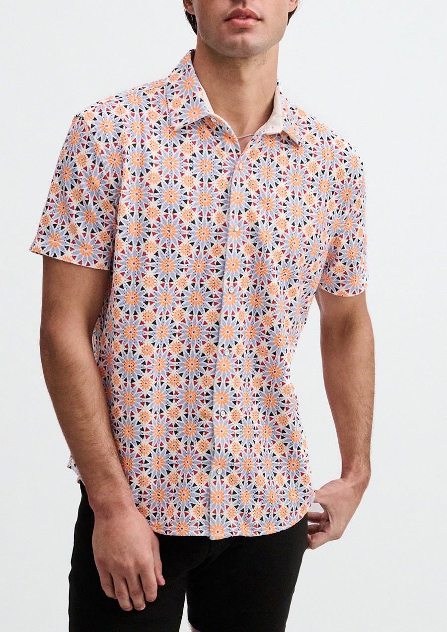 Printed Open Knit Stretch Shirt (Cayenne Medallions)