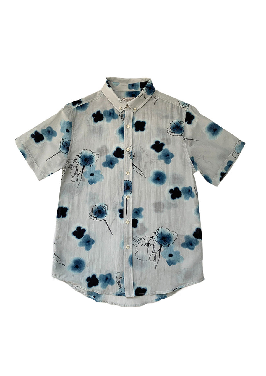 Slate Blue Wildflowers Silk Blend Shirt