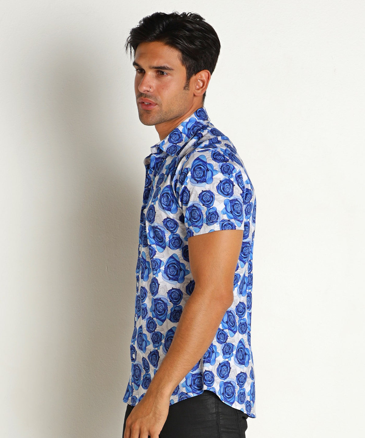 Stretch Jersey Knit Shirt (Blue Ink Roses)