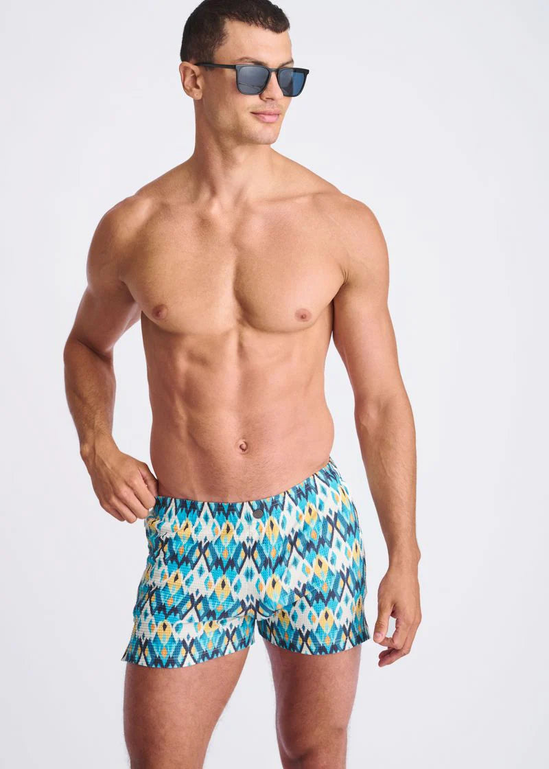 Printed Seersucker Swim Shorts (Teal Gold Diamonds)
