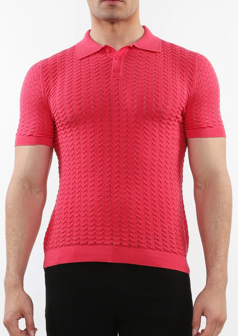 Chevron Textured Knitted Polo (Coral)