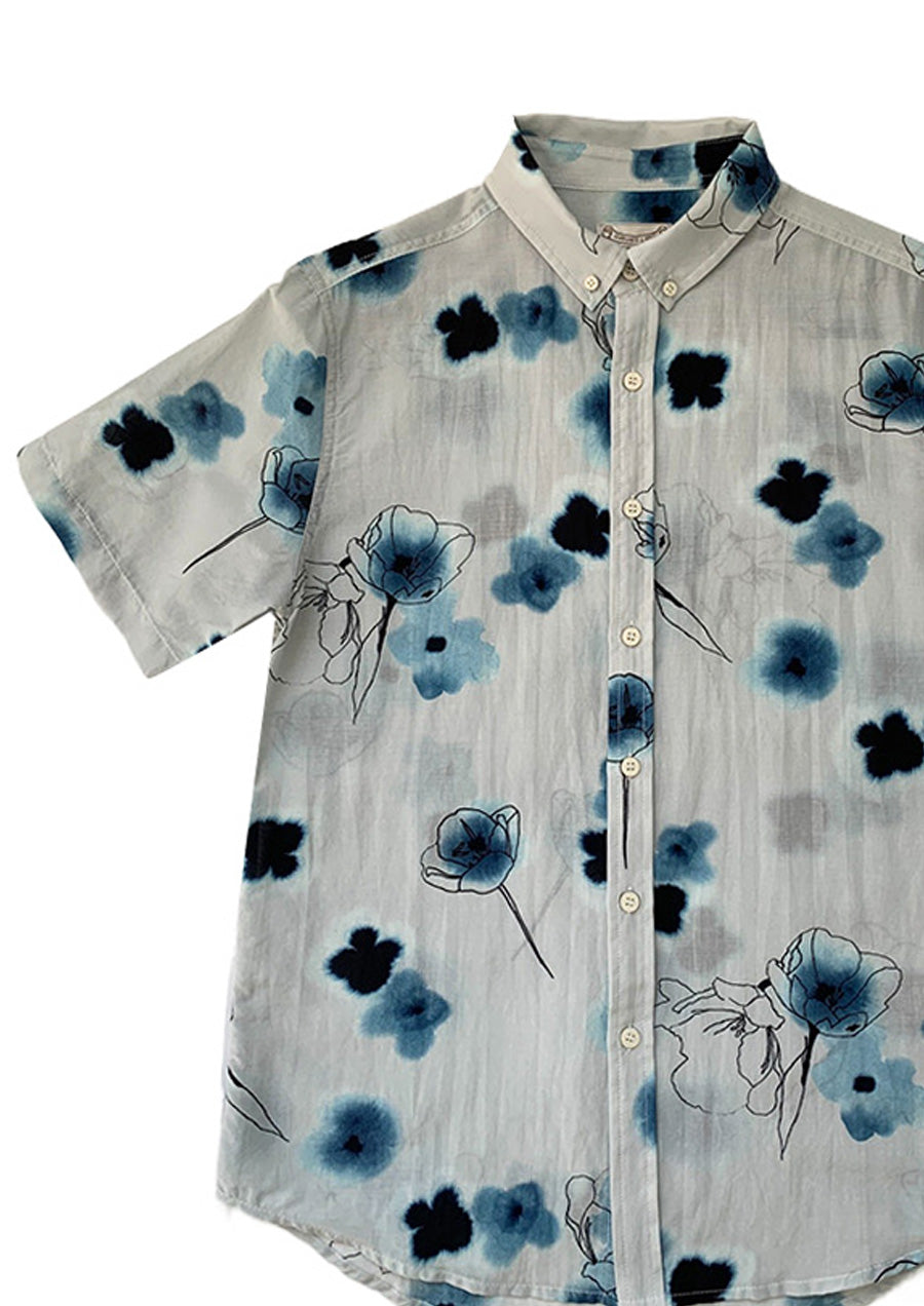 Slate Blue Wildflowers Silk Blend Shirt