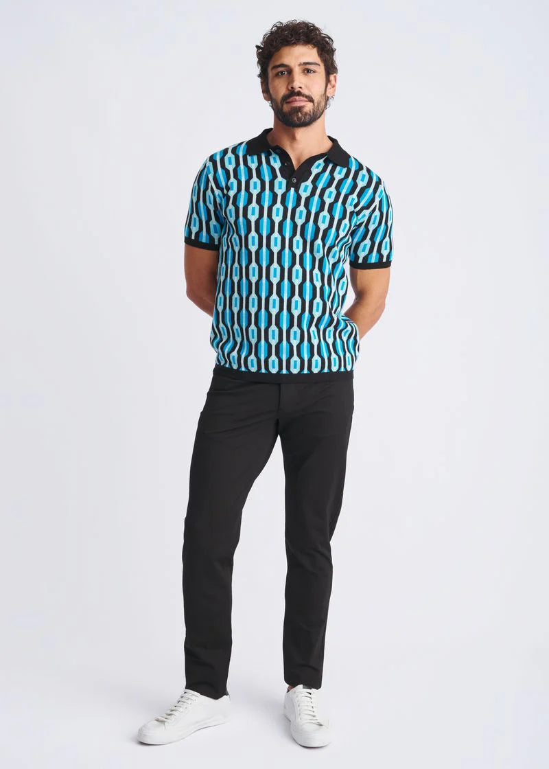 Jacquard 3-Button Knit Polo (Ocean/Black Chain)