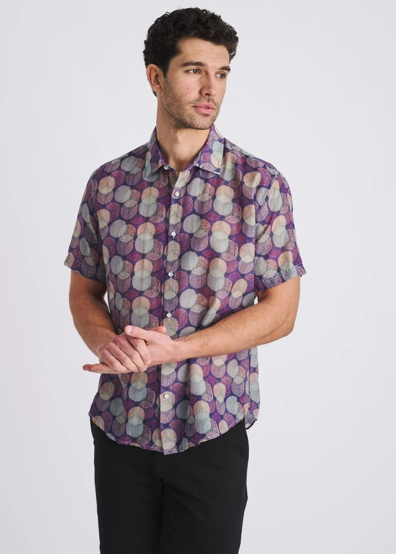 Cotton/Silk Short Sleeve Shirt (Sage/Purple Circles)
