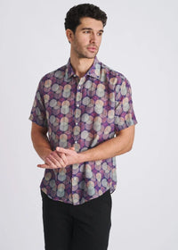 Cotton/Silk Short Sleeve Shirt (Sage/Purple Circles)