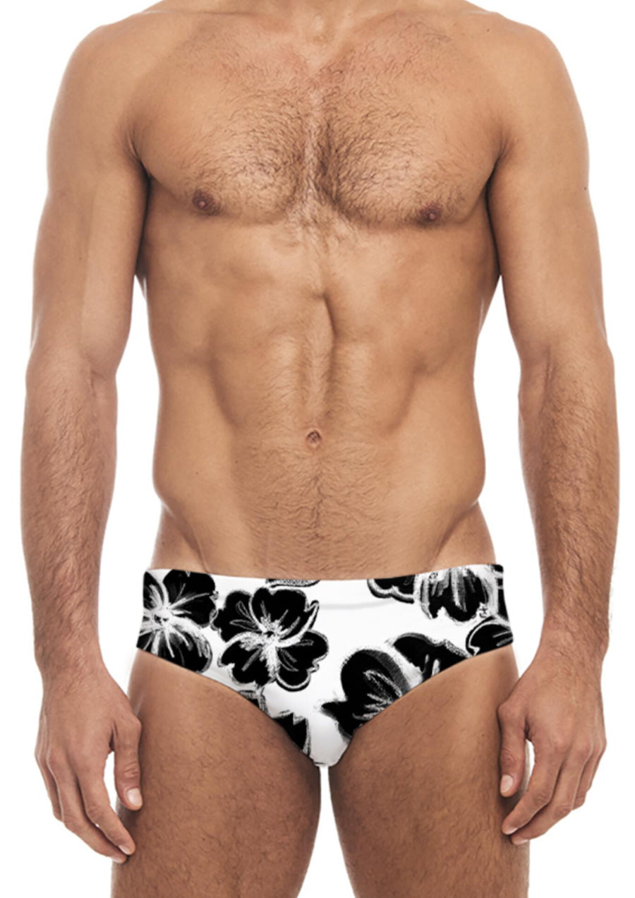 Printed Swim Brief - Poppy Fields (B&W)