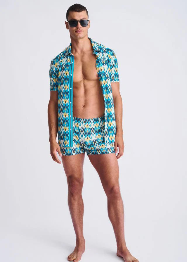 Printed Seersucker Swim Shorts (Teal Gold Diamonds)