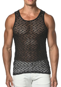 Stretch Gossamer Lace Tank Top (Black Squiggly)