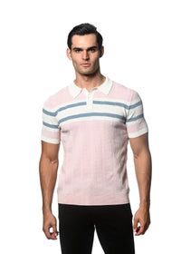 Silk/Tencel Stripes Knitted Polo (Pink Mist)