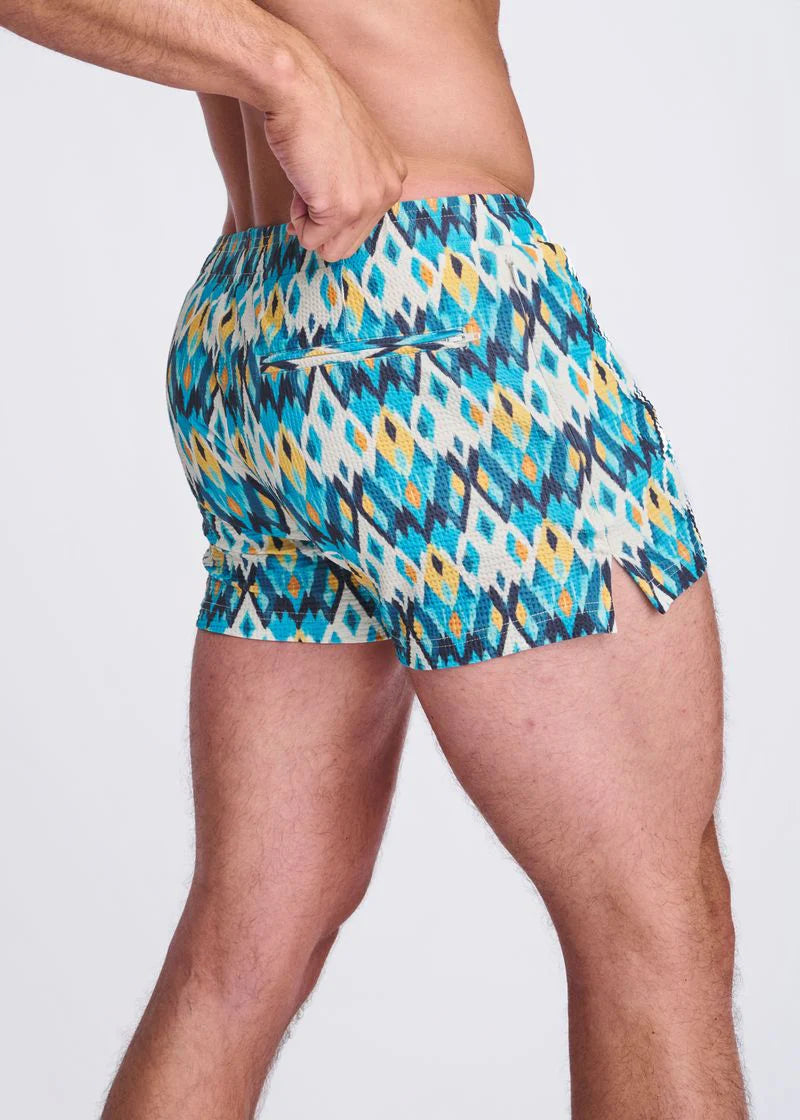 Printed Seersucker Swim Shorts (Teal Gold Diamonds)
