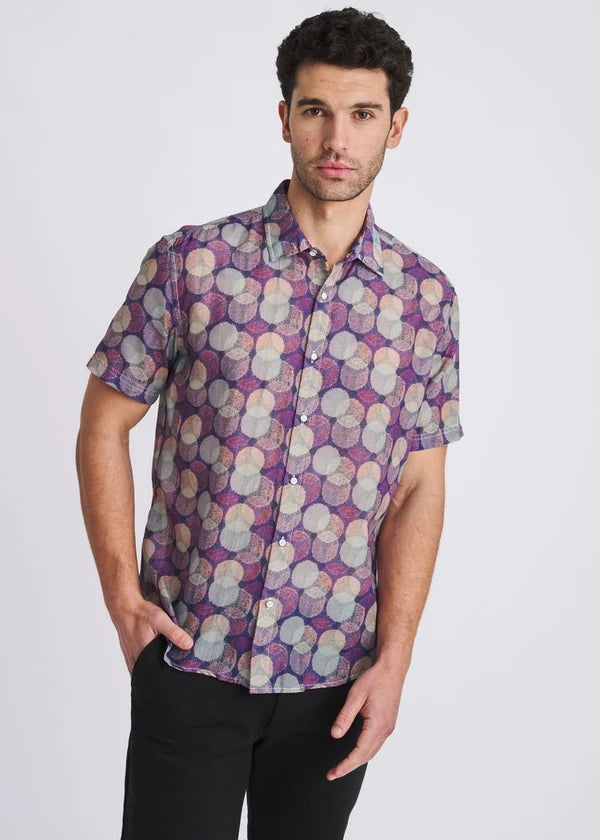 Cotton/Silk Short Sleeve Shirt (Sage/Purple Circles)