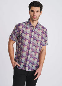 Cotton/Silk Short Sleeve Shirt (Sage/Purple Circles)