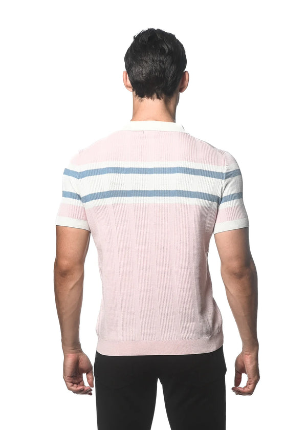Silk/Tencel Stripes Knitted Polo (Pink Mist)