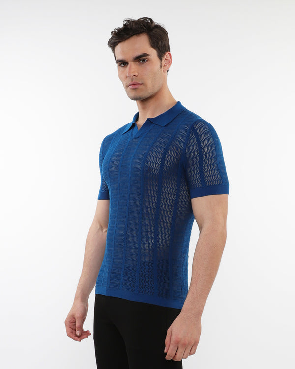 Open Collar Mesh Knit Polo (Peacock)