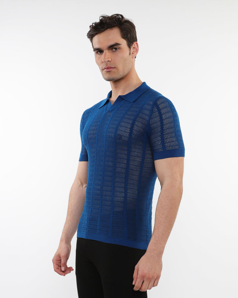 Open Collar Mesh Knit Polo (Peacock)