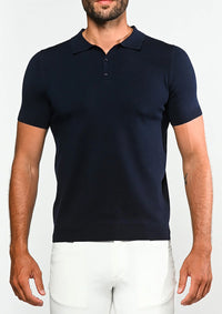 Silk/Tencel 3-Button Knit Polo (Navy)