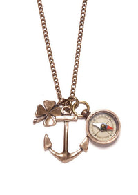 (Journey) Bronze Anchor, Miniature Compass and Four Leaf Clover Necklace