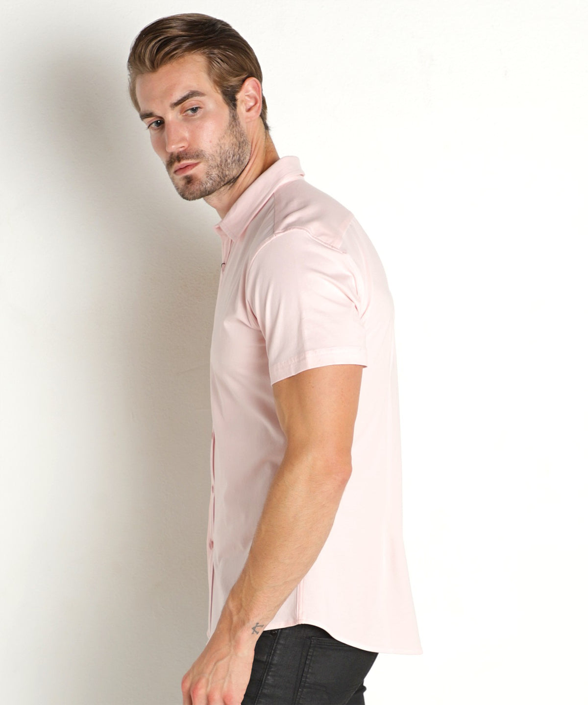 Stretch Jersey Knit Short Sleeved Shirt (Pink w/Tape Detail)